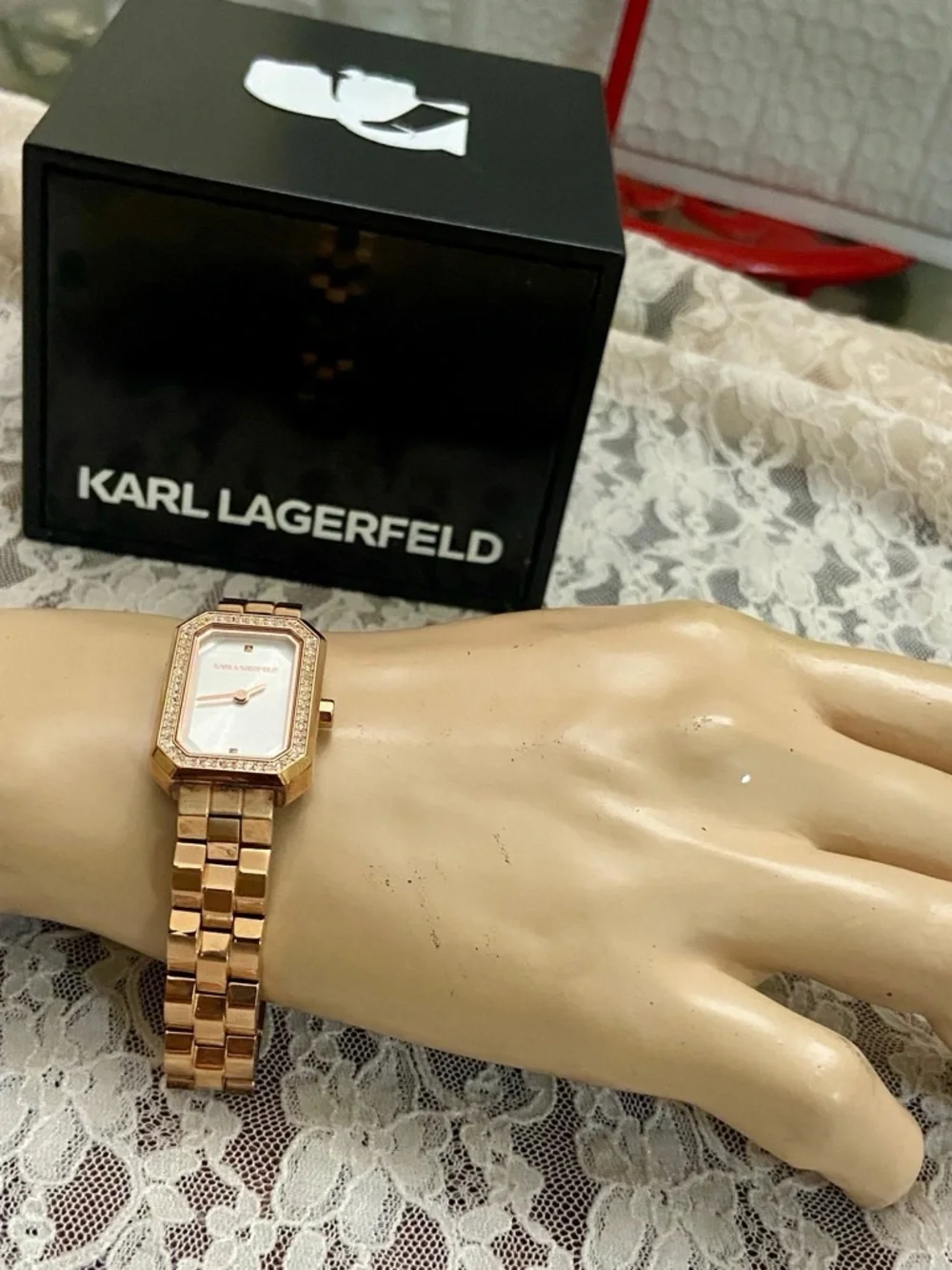 Karl Lagerfeld, KL6107, Rose Gold Tone Rhinestones Quartz Ladies Watch w/ Box